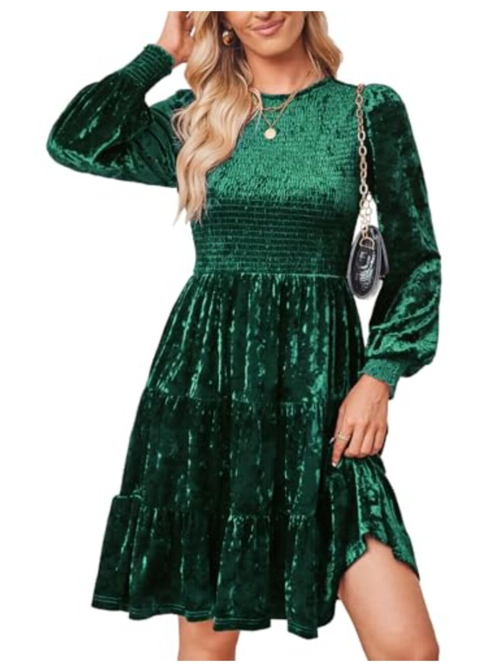 Women's Long Sleeve Velvet Tiered Flowy Cocktail Party Wedding Guest Dress